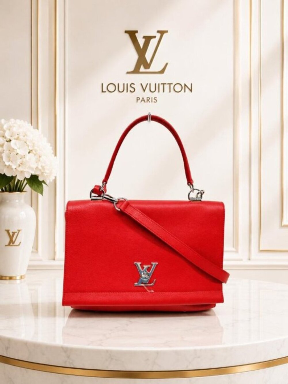 Authentic Louis Vuitton Lockme II Red Calfskin Leather Top Handle Crossbody Bag